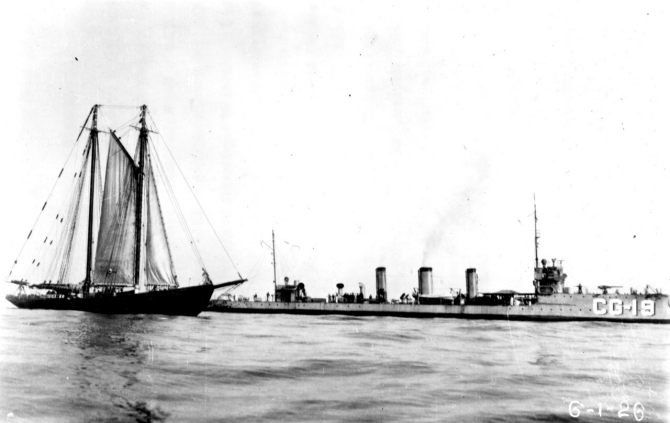Terry pickets the French-flagged rumrunner Mistinguette out of St. Pierre et Miquelon, dated 20 June 1926. (Official Coast Guard Photograph, Terry Cutter File, USCG Historian’s Office)