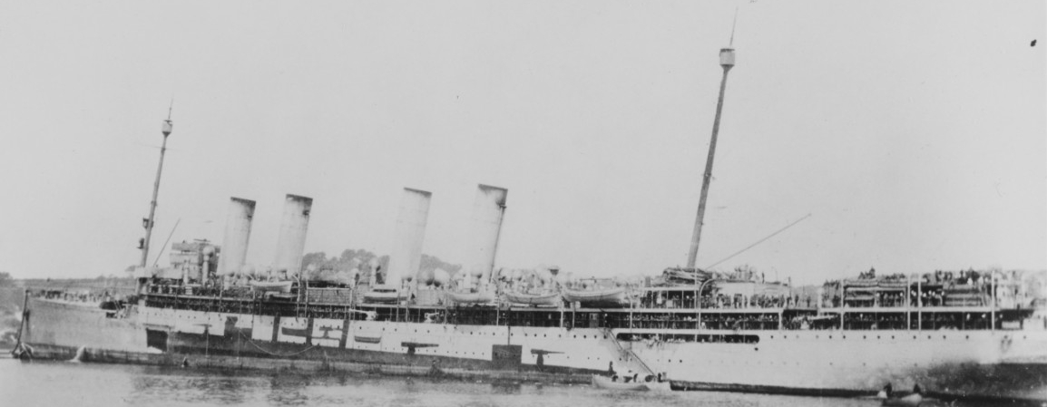 Von Steuben photographed during World War I. Note the odd camouflage scheme of a destroyer silhouette painted on her port side. (Naval History and Heritage Command Photograph NH 101626)