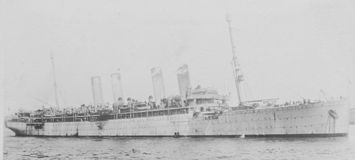 Von Steuben at anchor during the World War. The original photograph is printed on post card (AZO) stock. The original card bears a hand-written inscription 3-14-19, which may be the date that the original owner was on Von Steuben. It is not the d...