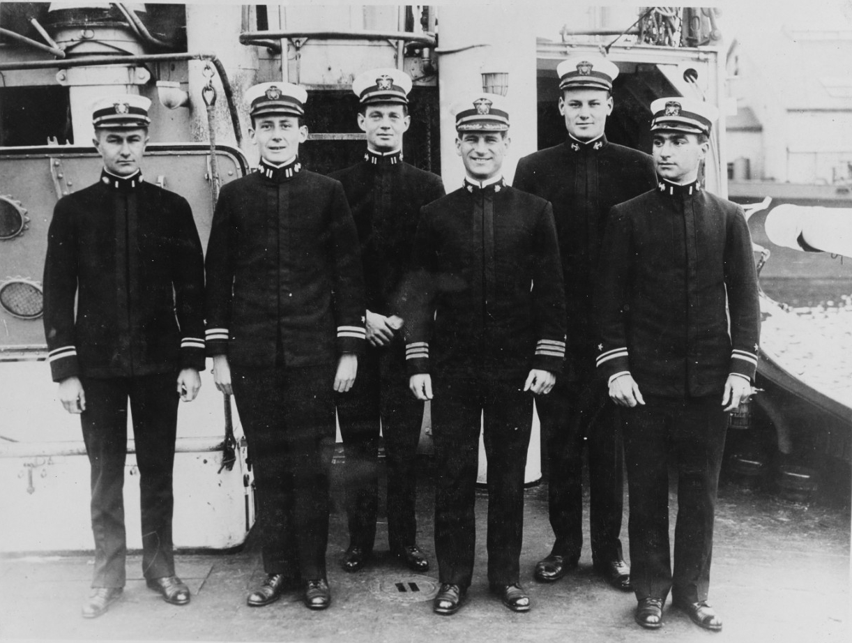 Wadsworth’s wardroom officers: Assistant Surgeon Chester O. Tanner; Lt. John H. Falge; Cmdr. Joseph K. Taussig; and Lt. (j.g.) Ernest W. Broadbent. (Naval History and Heritage Command Photograph NH 120225)