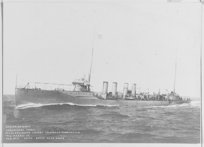 Wainwright steaming at 23.35 knots during preliminary trials on the Delaware Breakwater Standardization Course, 17 March 1916. Her guns and torpedo tubes have not yet been fitted. (Naval History and Heritage Command, NH 60565).