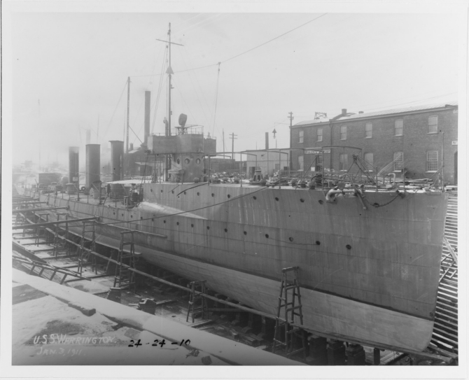 Warrington in drydock, 3 January 1911. (U.S. Navy Photograph 19-N-24-24-10, National Archives and Records Administration, Still Pictures Division, College Park, Md.)