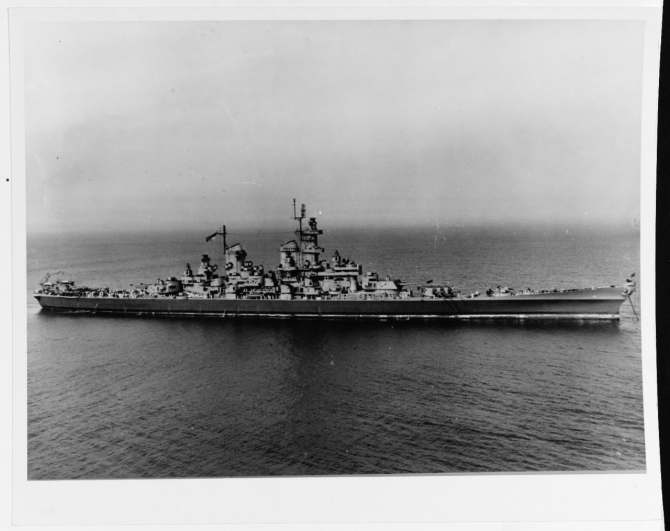 Wisconsin at anchor during her Atlantic coast shakedown period, 30 May 1944. (U.S. Navy Photograph 80-G-453313, National Archives and records Administration, Still Pictures Branch, College Park, Md.).
