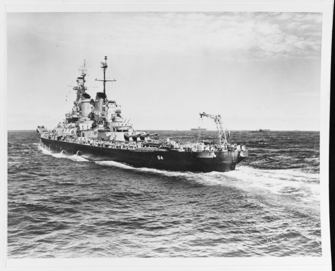 Wisconsin underway with other warships in the western Pacific, circa December 1944-August 1945; photographed by Lt. Barrett Gallagher, USNR. (U.S. Navy Photograph 80-G-470324, National Archives and records Administration, Still Pictures Branch, College Park, Md.).