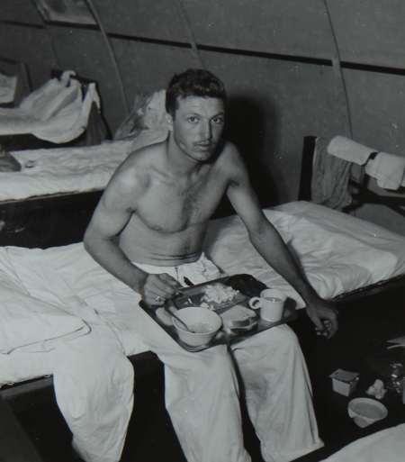 Arthur L. Leenerman, RdM3c USNR, survivor of the USS Indianapolis in Naval Base Hospital No. 20, Peleliu, 5 August 1945.