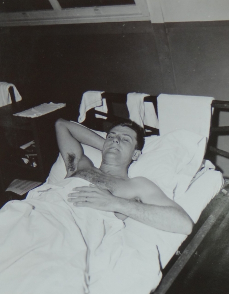 Lt. Erwin E. Hensch USNR,  survivor of the USS Indianapolis in Naval Base Hospital No. 20, Peleliu, 5 August 1945.
