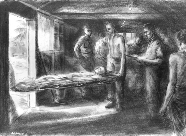 88-198-bq, Medical Officer Supervising Evacuation, by U.S. Navy combat artist Alexander Russo. From Navy Art Collection, WNY.