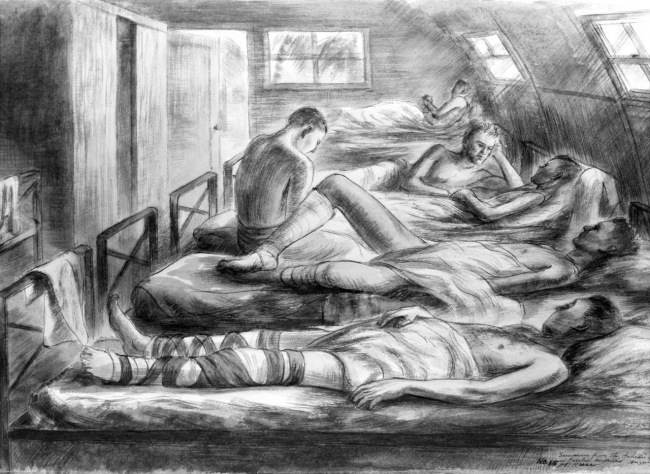 88-198-bp, Survivors of Indianapolis,  by U.S. Navy combat artist Alexander Russo.  From Navy Art Collection, WNY.