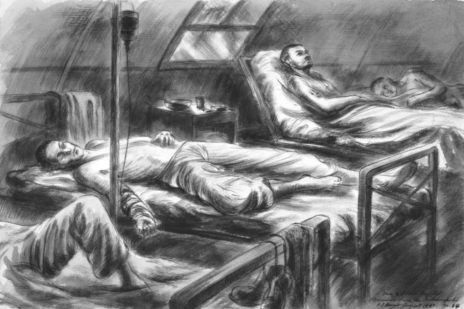 88-198-bo, Suvivors receiving glucose and saline, by U.S. Navy combat artist Alexander Russo.  From Navy Art Collection, WNY.