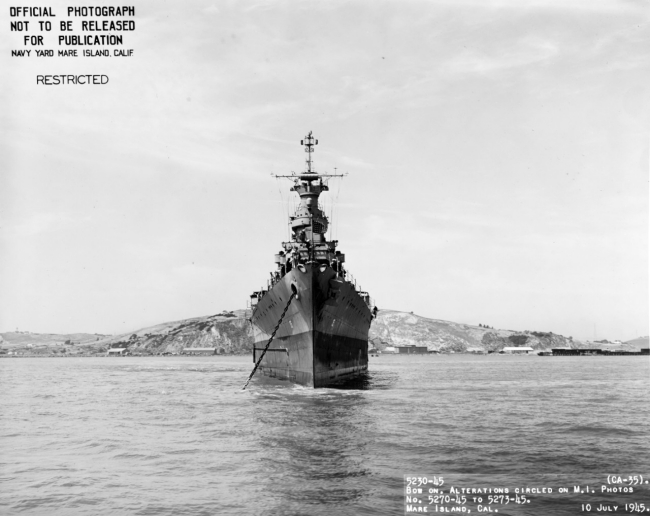 19-N-86913, bow view of Indianapolis after final overhaul, Mare Island, 10 July 1945