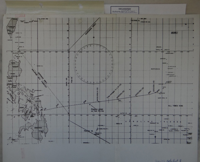 Route Peddie exhibit chart from Court of Inquiry.  This chart shows the supposed movement of Indianapolis along Route Peddie up to the point of sinking, along with the pickup location of Captain McVay.
