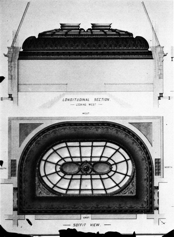 Figure 32: Design for Iron Ceiling and Skylight Over Main Stairs Center Pavilion. The details of the cast-iron floral panels surrounding the colored glass skylight of the east wing were slightly altered before construction, but the plan of the ro...