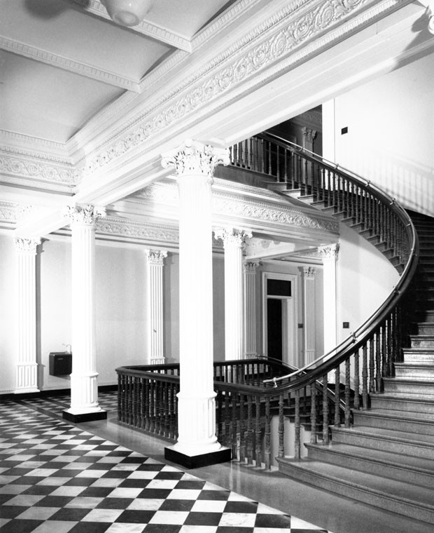 Corner stairs at east end of the north wing. Photograph taken by Richard Cheek, summer 1976, for the Dunlap Society.