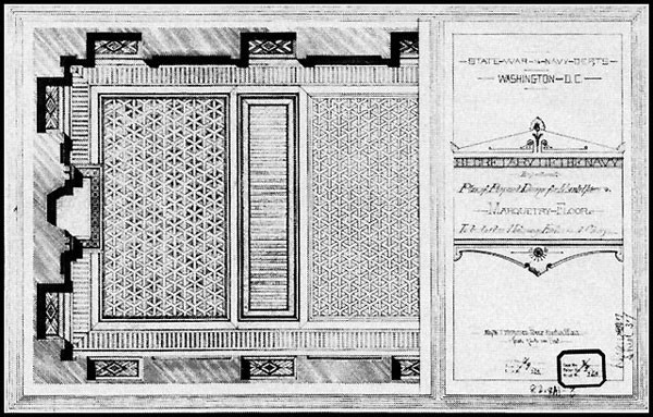 Figure 34: Secretary of the Navy Department. Plan of Proposed Design for Mantelpiece and Marquetry Floor. To be Laid in Mahogany, Hickory, and Cherry. A large portion of this complex wooden floor, designed by W. J. McPherson of Boston, survives i...