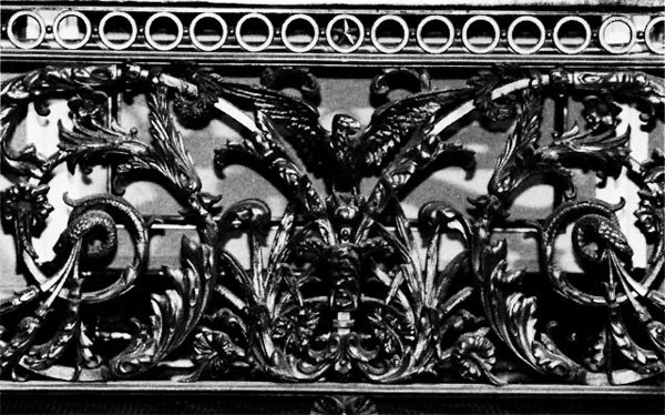 Figure 36: Detail of Balcony Railing, Indian Treaty Room. Surrounding the perimeter of the room, this railing contains allegorical symbols of the Navy and sea, including sea serpents, dolphins, scallop shells, and pairs of sea horses that flank m...