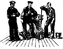 Illustration: American sailors in typical uniform. Pen and ink drawing by John Charles Roach.