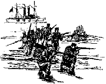 Illustration: U.S. Marines land at Guantánamo Bay, Cuba, 10 June 1898. Pen and ink drawing by John Charles Roach.