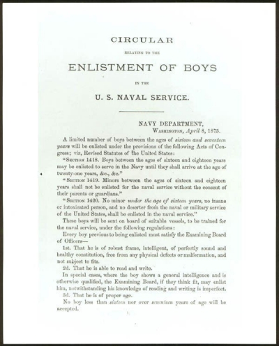 Navy Department circular relating to enlistment of boys.