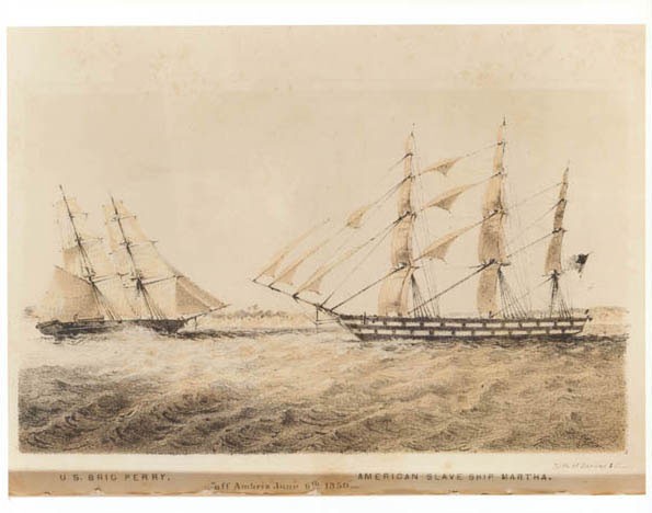 U.S. brig Perry [confronting] American slave ship Martha "off Ambriz June 6, 1850." lithograph.