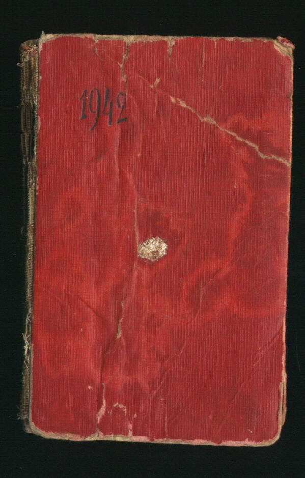Cover of a U-505 Red Notebook, measuring 7.5 cm in width and 11.1 cm in height. It has 48 remaining pages excluding a few that obviously have been torn out. Many of the pages have not been used. The numbering of pages lacks a coherent fashion.