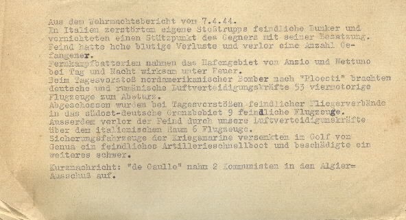 Image of excerpt from the Wehrmacht [German Armed Forces] report on 7 April 1944.