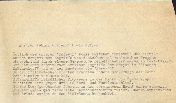 Image of excerpt from the Wehrmacht [German Armed Forces] report on 8 April 1944