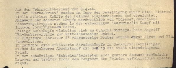 Image of excerpt from the Wehrmacht [German Armed Forces] report on 9 April 1944.