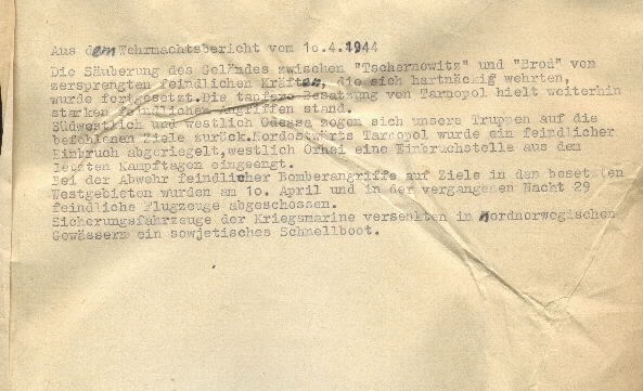 Image of excerpt from the Wehrmacht [German Armed Forces] report on 10 April 1944.