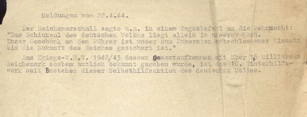 Image of excerpt from the Wehrmacht [German Army] report on 22 April 1944.