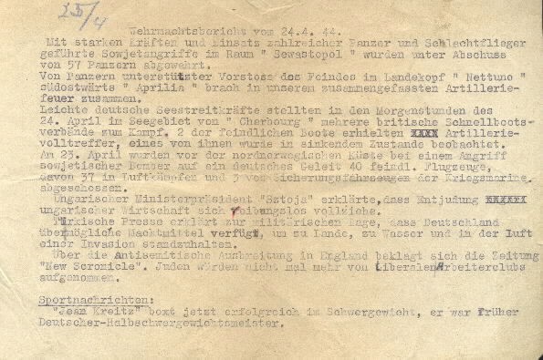 Image of Wehrmacht [German Armed Forces] report from 24 April 1944.