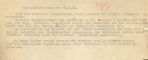 Image of Wehrmacht [German Armed Forces] report on 28 April 1944.