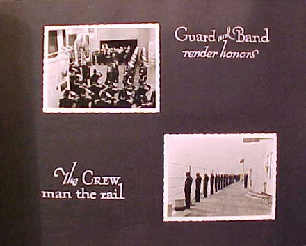 (Left) Guard and Band render honors, (Right) The Crew man the rail