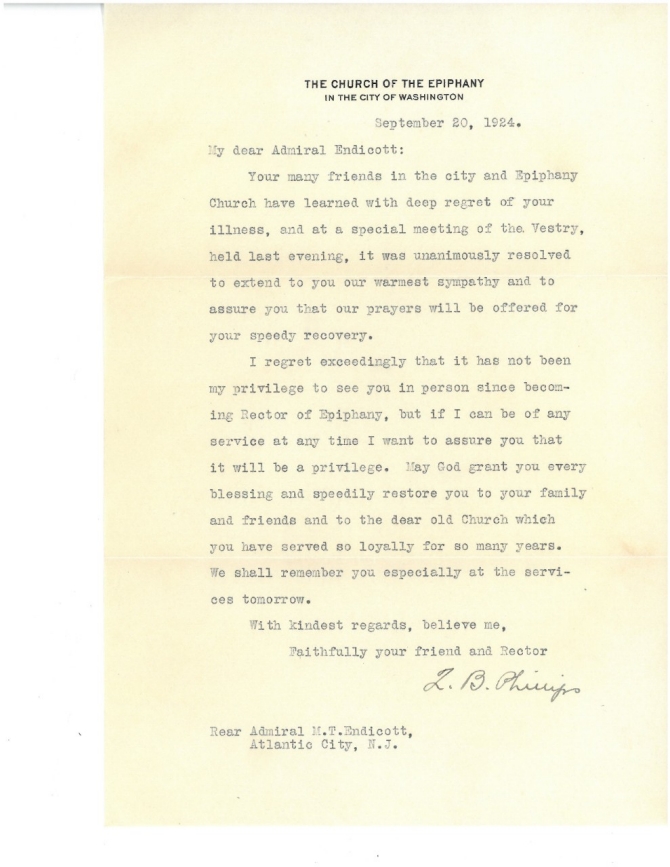 Letter from Z.B. Phillips to Rear Admiral Endicott, 20 September 1924 (transcription below)