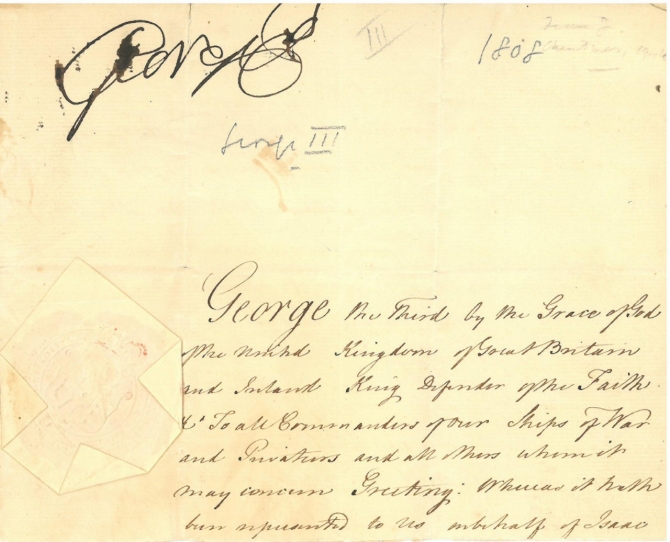 George III - Royal License for Protecting American Ships, 1808, page 1