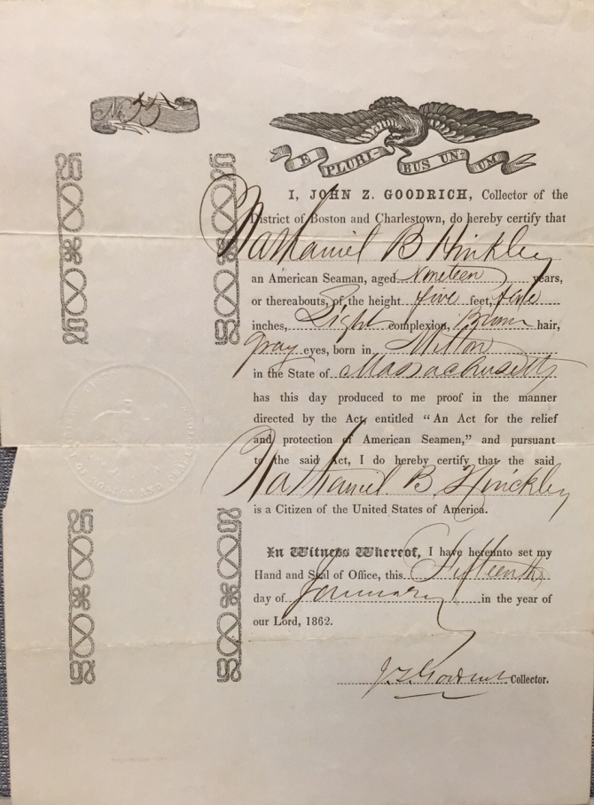 “An Act for the relief and protection of American Seamen” certificate for Nathaniel B. Hinckley, 15 Jan 1862 (transcription below)