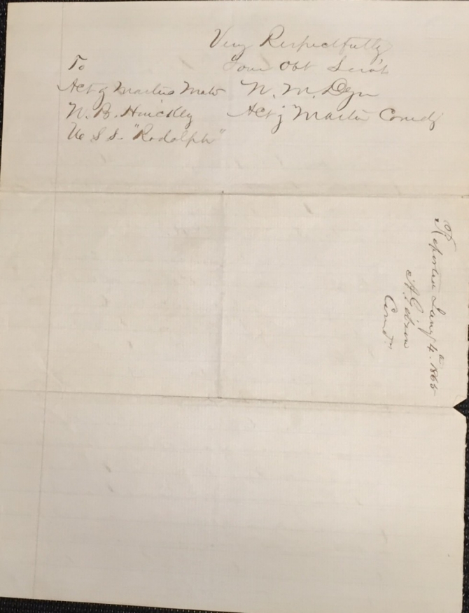 Orders of 20 January 1865 from USS Rodolph for Nathaniel B. Hinckley to provide evidence at the court-martial of Acting Third Assistant Engineer Levi Robbins, page 2 (transcription below)