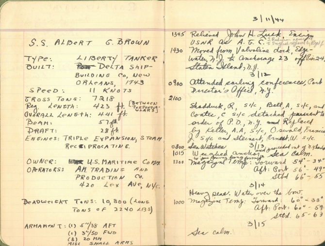 Log for S.S. Albert G. Brown, 11–15 March 1944. Transcription below.