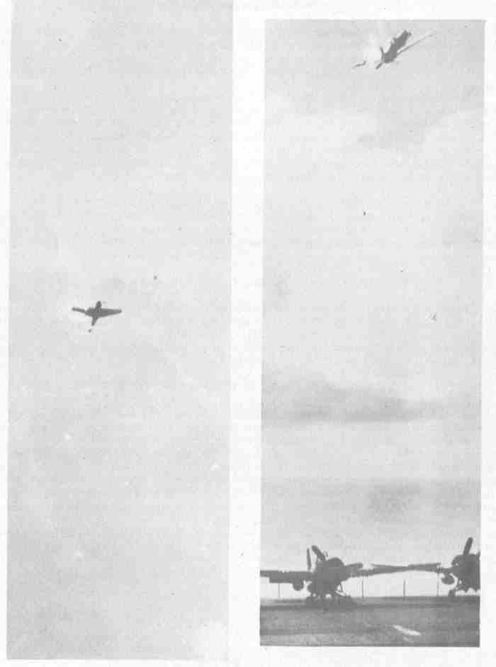 Zeke, with tail and part of wing shot off by AA. fire, before crashing astern of the Petrof Bay (CVE-80) on 26 October.
