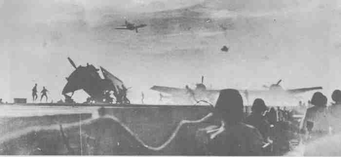 Jap suicide plane trying to crash USS Natoma Bay (CVE-62) after being hit.