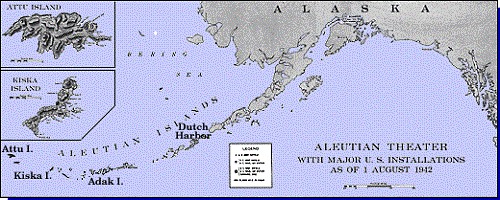 Map of Aleutians Theater with major U.S. Installations as of 1 August 1942.