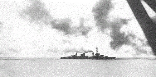 Enemy salvo lands astern of the Salt Lake City during the Battle of the Komandorskis.