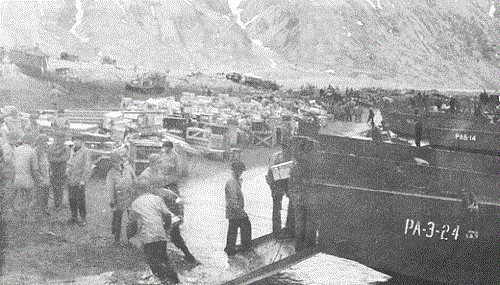 Unloading supplies on Attu, 13 May 1943.