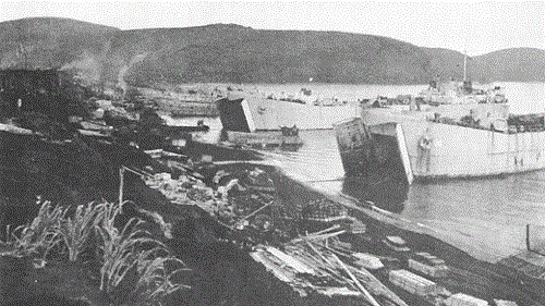 LSTs unloading on Kiska after the landings.