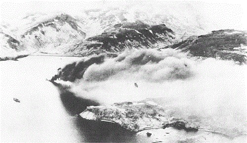 Japanese transport burning after U.S. air attack on Kiska Harbor, 18 June 1942