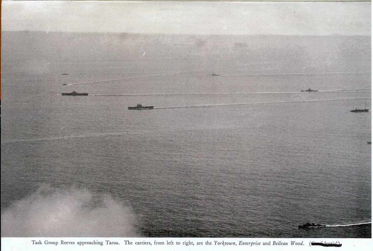 Task Group Reeves approaching Taroa. The carriers, from left to right, are Yorktown, Enterprise and Bellea Wood.