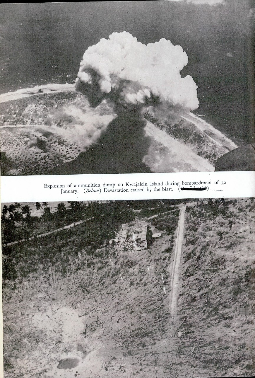 Explosion of ammunition dump of Kwajalein Island during bombardment of 30 January. Devastation caused by the blast