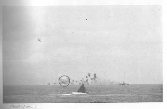 Cloud of smoke after Japanese plane had been disintegrated by direct hit of 5"/38 shell.