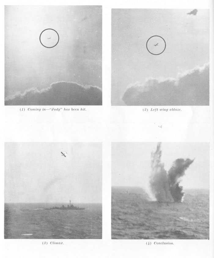 Enemy plane being shot down. Upper left (1) Coming in -- Judy has been hit. upper right (2) Left wing ablaze. lower left (3) Climax. lower right (4) Conclusion.