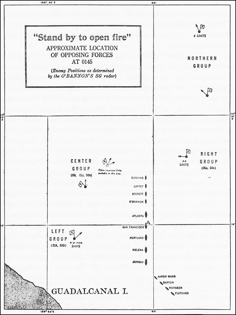 Chart: 'Stand by to open fire.' Approximate location of opposing forces at 0145. (Enemy positions determined by the O'Bannon's SG radar at Guadalcanal.)