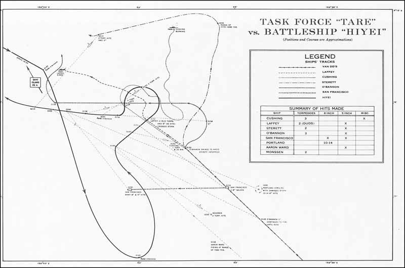 Chart: Task Force 'TARE' vs. Battleship Hiyei. Positions and Courses are approximations.